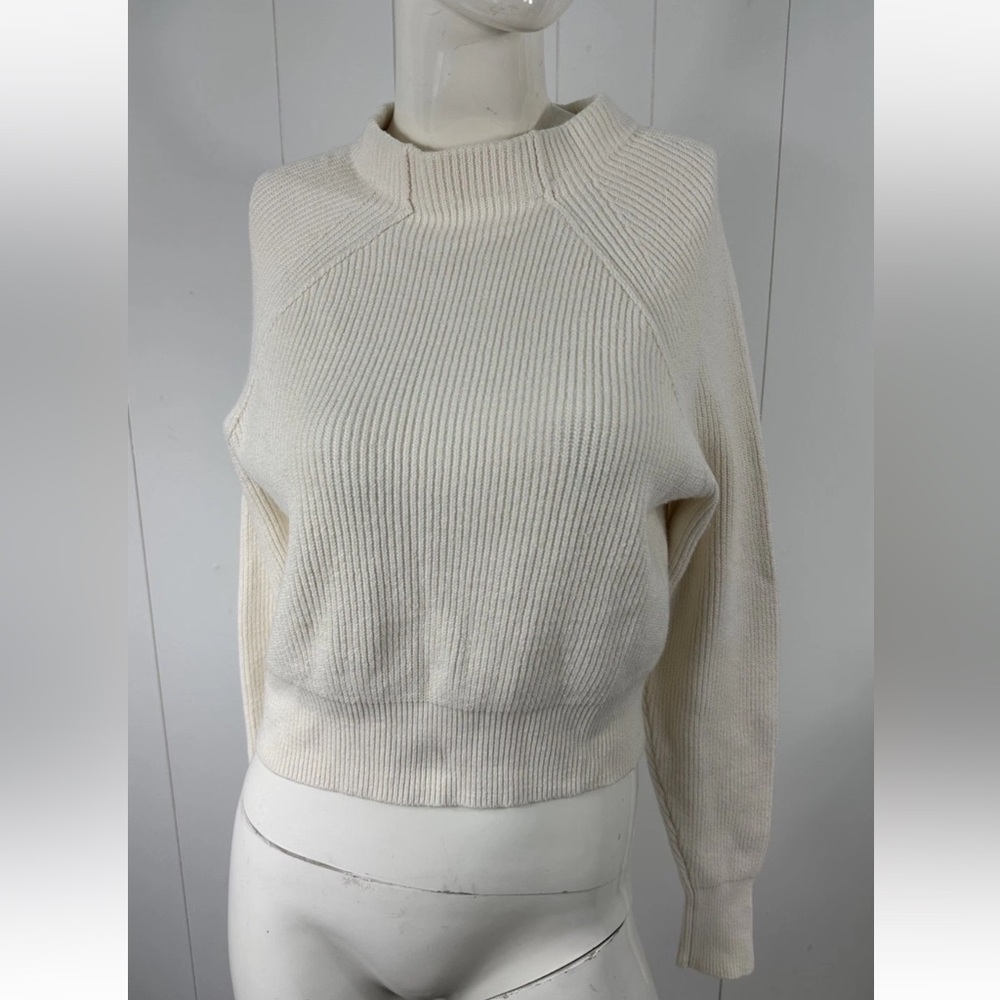 Free People Sz XS Ivory  Crop Sweater Women Mock Neck Cotton Knit Long Sleeve